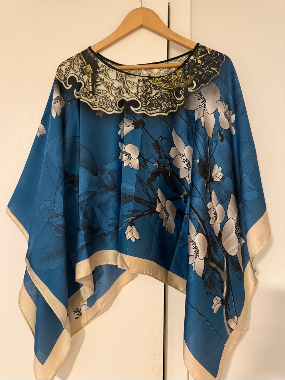 Blue Floral Satin Poncho Top with Cream Trim